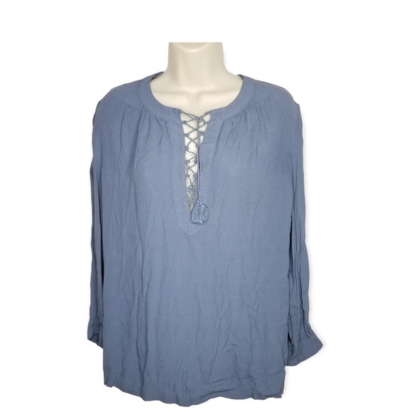 Madewell Long Sleeve Blue Blouse Drawstring Placket Women's Size M - Picture 2 of 7